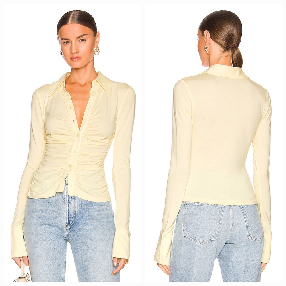 Song of Style Pale Yellow Ruched Button-Front Long Sleeve Top